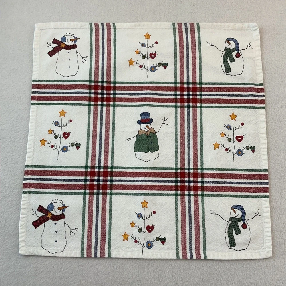 St Nicholas Square Snowman Plaid Cotton Napkins Set of 9 White Red Green Holiday